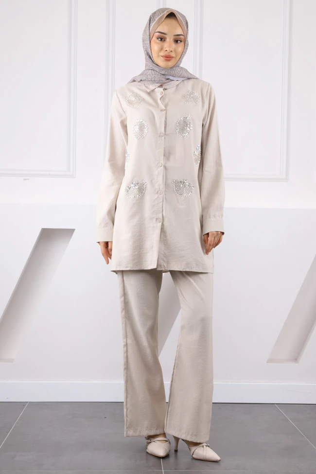 Taş Boncuk İşlemeli Tunik Pantolonlu Takım