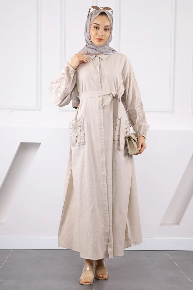 Taş Cepli Çiçek Nakışlı Elbise