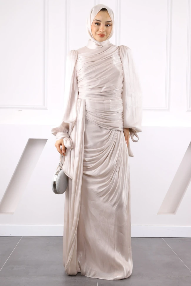 Taş Önü Büzgülü Şifon abiye