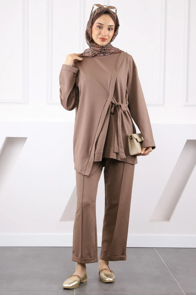 Vizon Asimetrik Detaylı Tunik PantolonluTakım