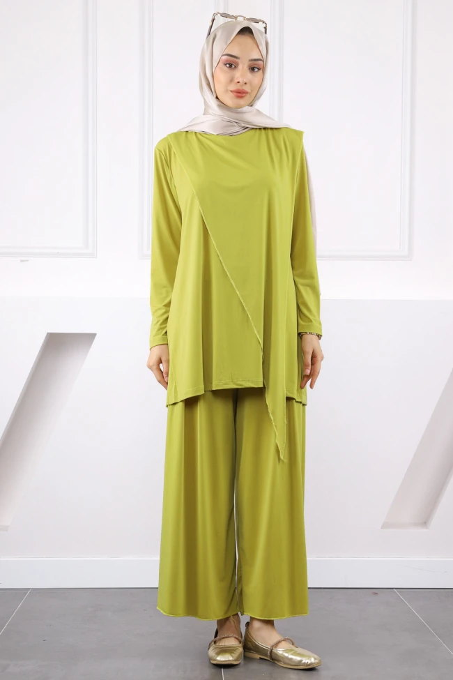 Yağ Yeşili Ön Detaylı Sandy Tunik Pantolon Takım