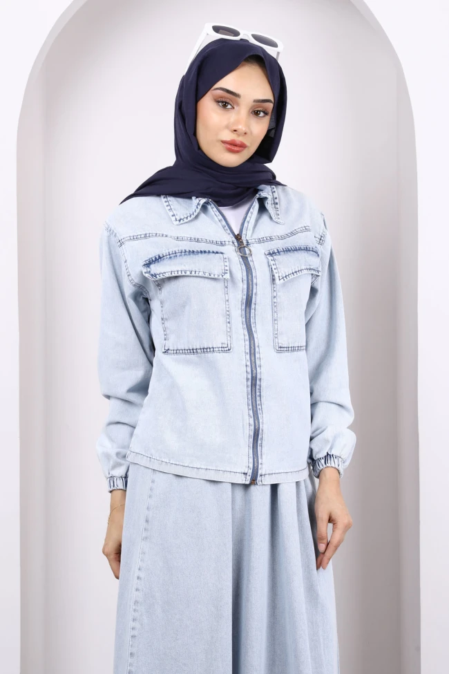 Açık Mavi Ceket Etekli Kot Takım