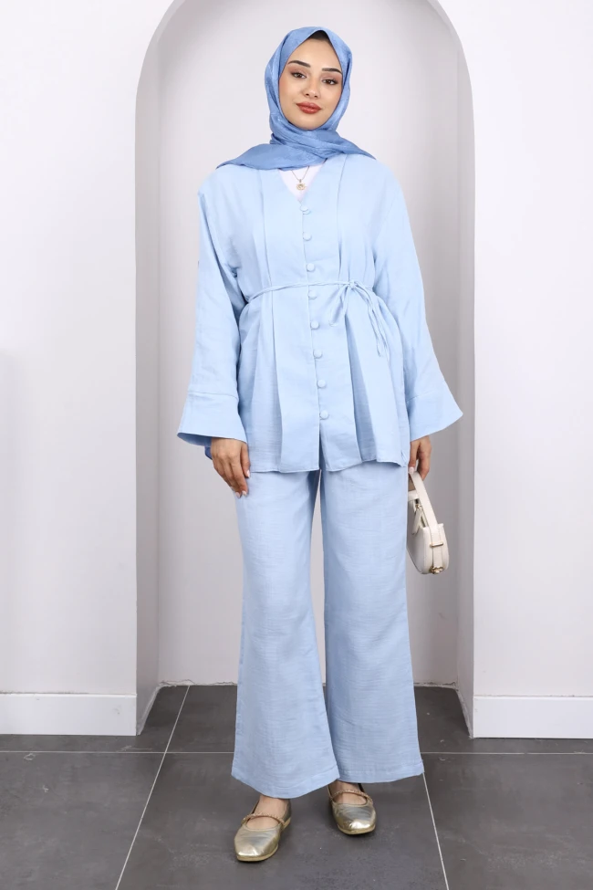 Bebe Mavi Gömlek Pantolonlu Müslin Takım