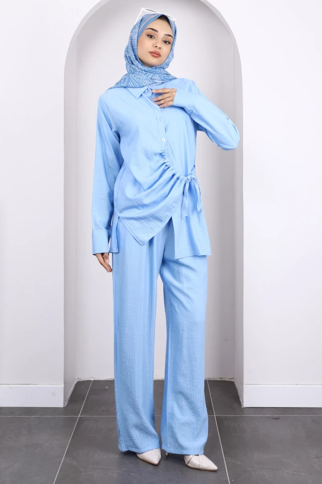 Bebe Mavi Ön Bağlamalı Tunik Pantolonlu Takım