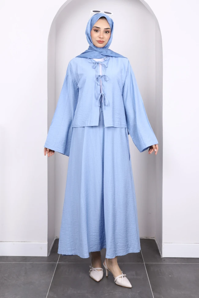 Bebe Mavi Önü Bağlamalı Kimono Etekli Takım