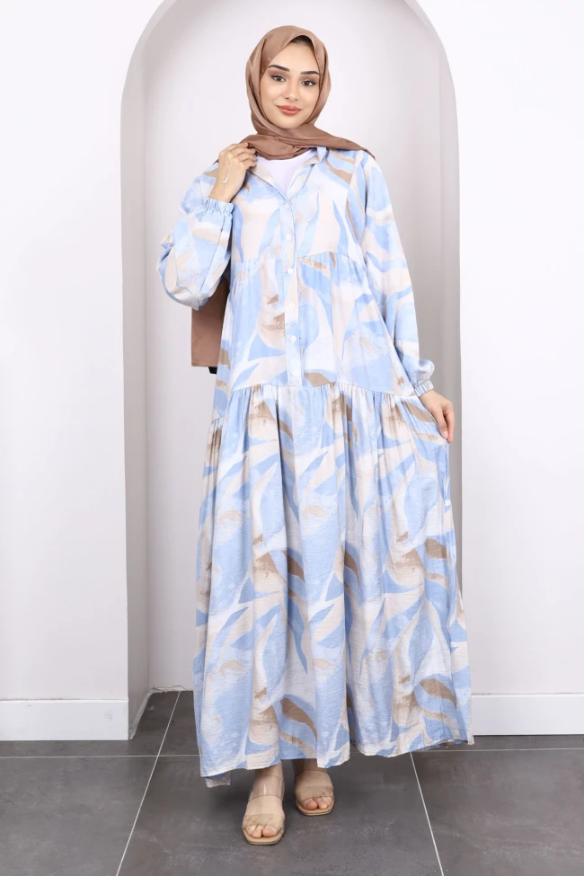 Bebe Mavi Yarım Düğmeli Desenli Elbise