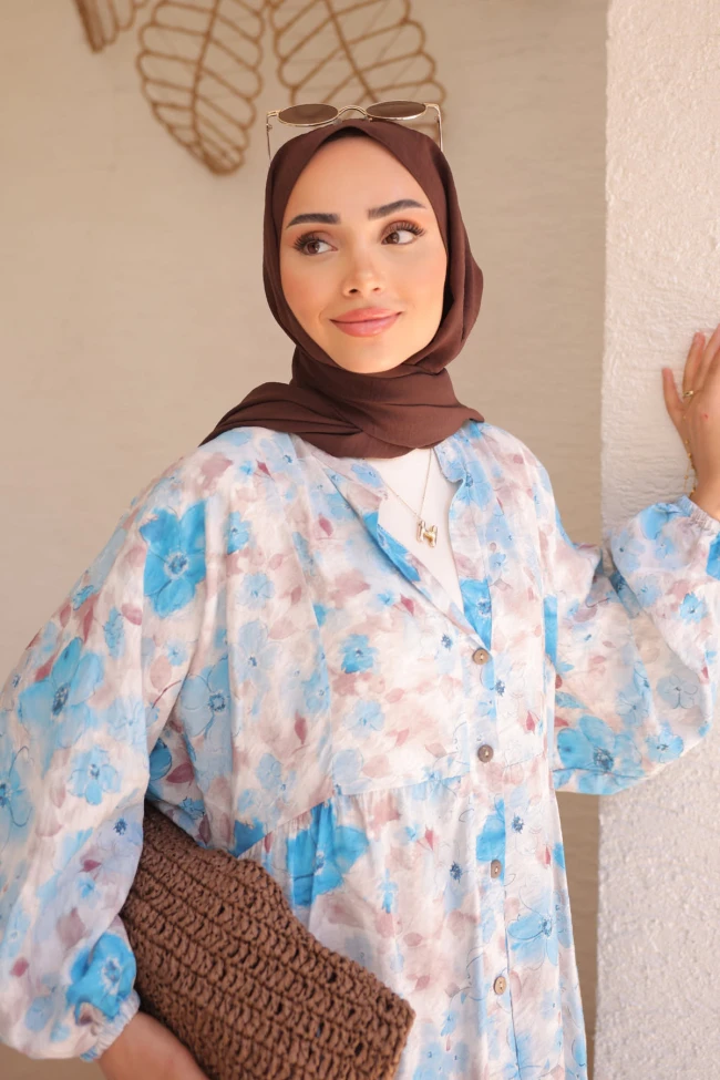 Bebe Mavi Yarım Düğmeli Eteği Katlı Elbise