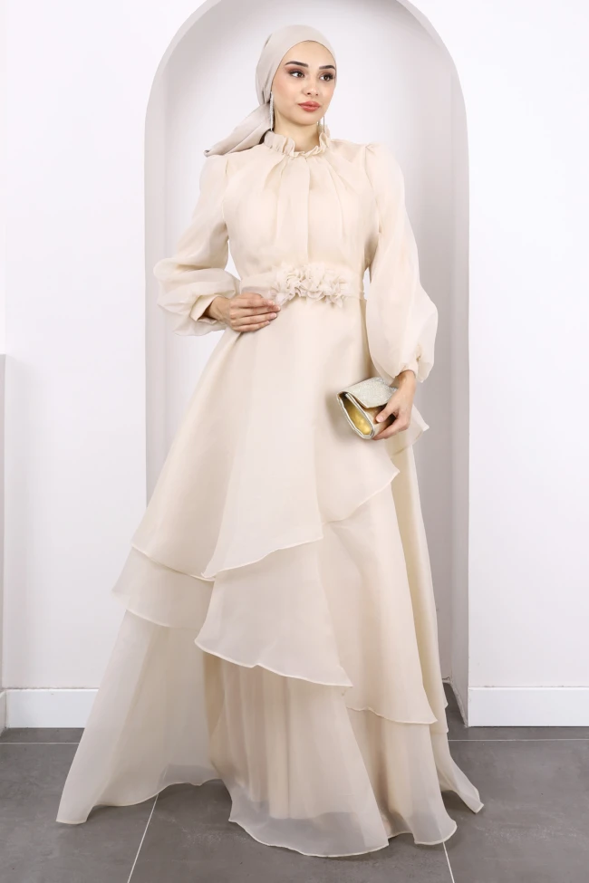 Bej Balon Kol Katlı Abiye