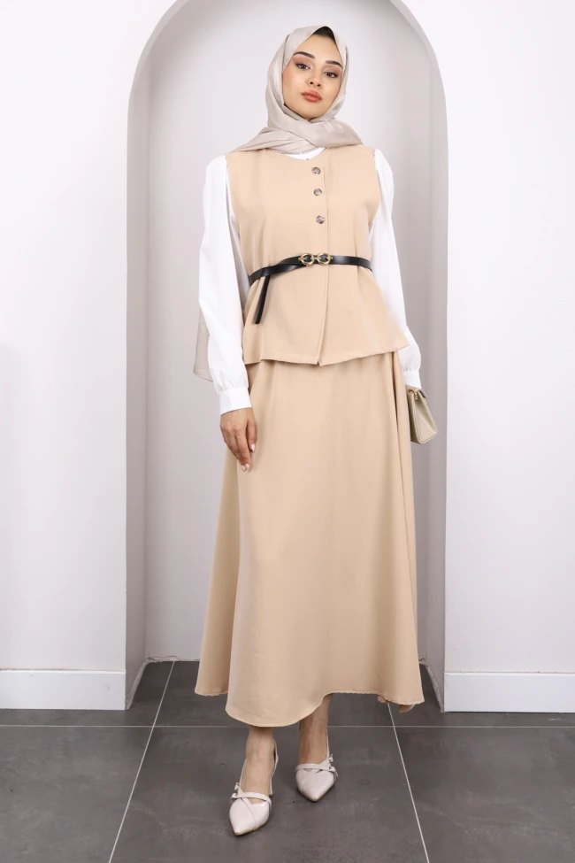 Bej Gömlek Yelek Etekli 3'Lü Kombin Takım