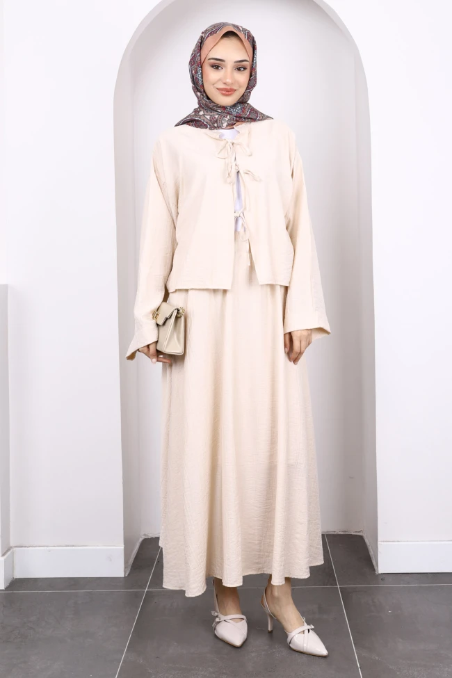 Bej Önü Bağlamalı Kimono Etekli Takım