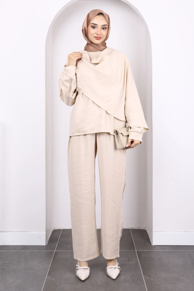 Bej Şal Detaylı Tunik Pantolonlu Takım
