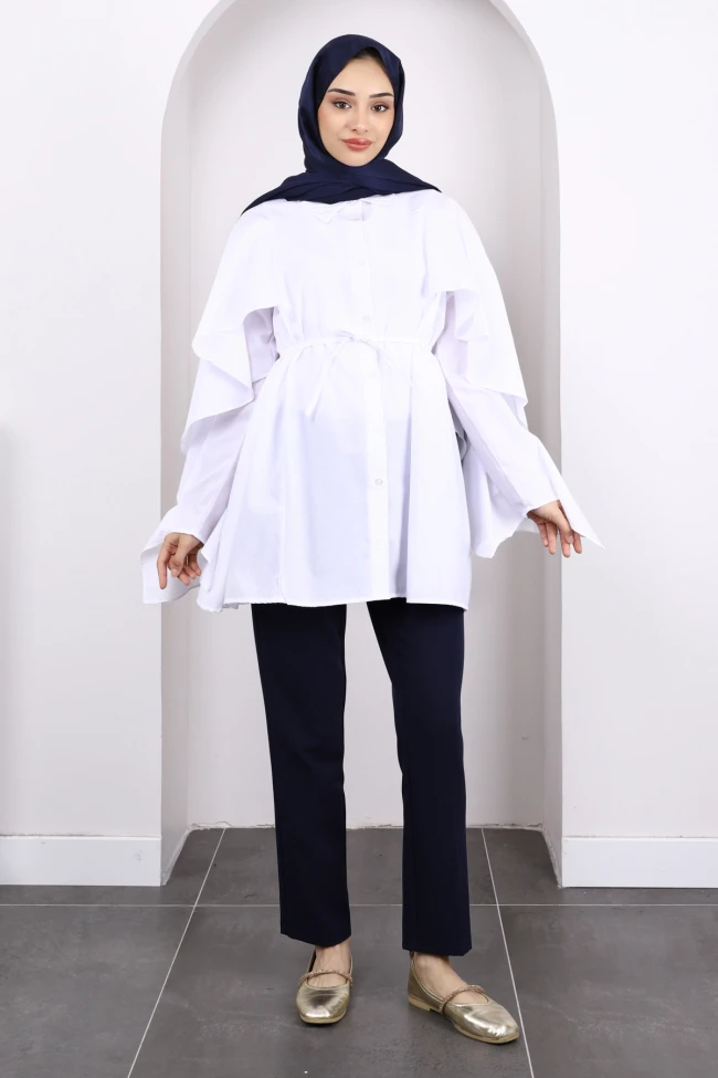 Beyaz Beli İpli Volanlı Tunik