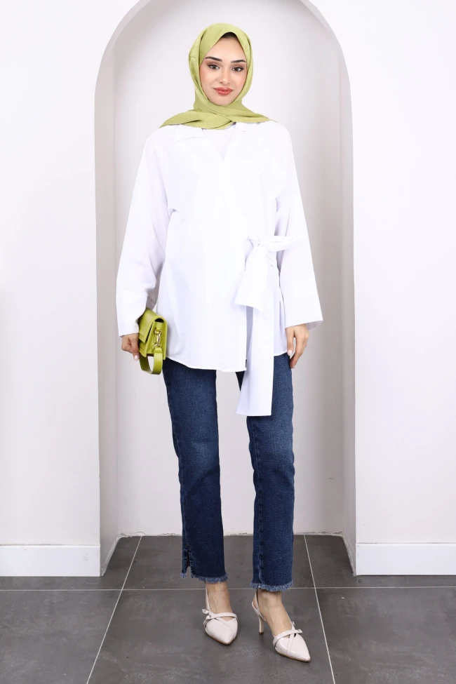 Beyaz Yan Bağlamalı Kimono