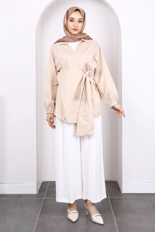 Bisküvi Çizgili Yan Bağlamalı Kimono