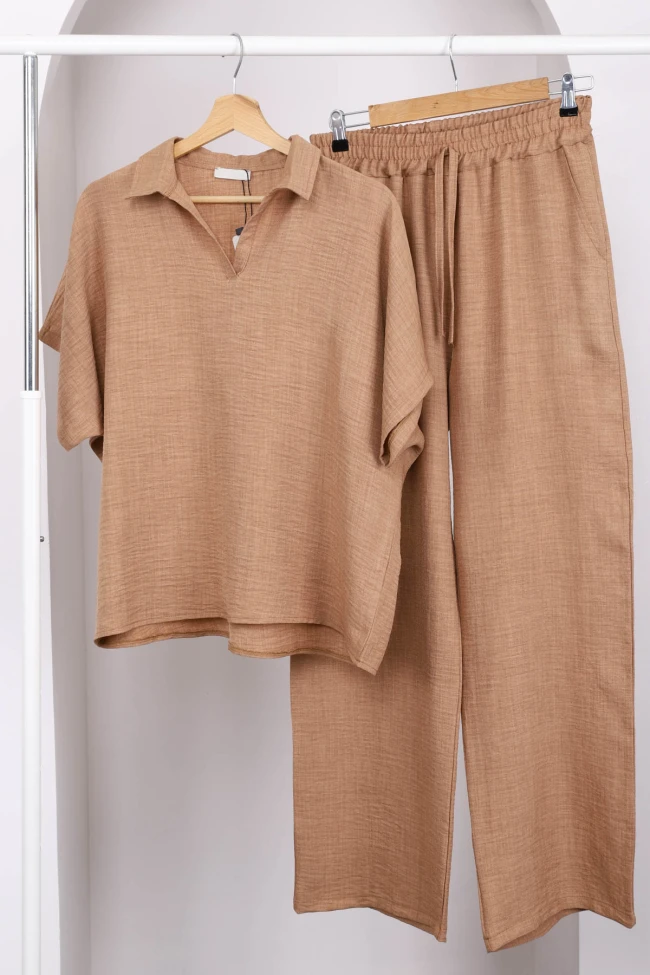 Bisküvi Düşük Omuz Gömlek Pantolonlu Keten Takım