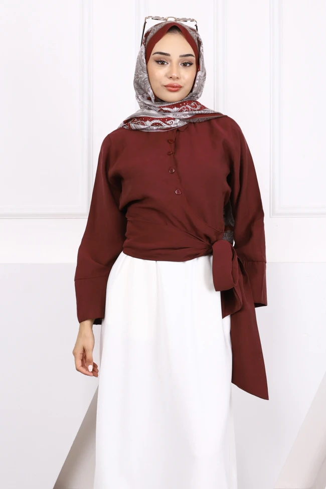 Bordo Bel Bağlamalı Modal Gömlek