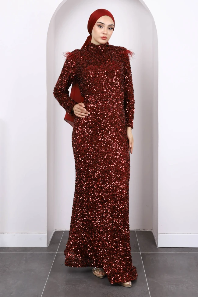 Bordo Bel Kuşaklı Payetli Abiye