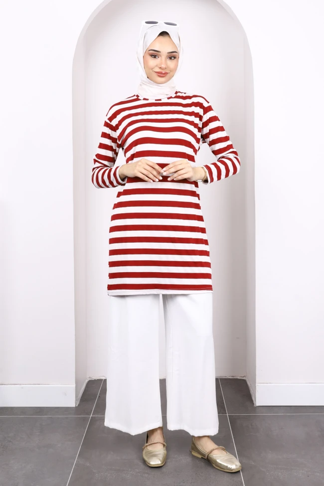 Bordo Çizgili Uzun Kol Tunik