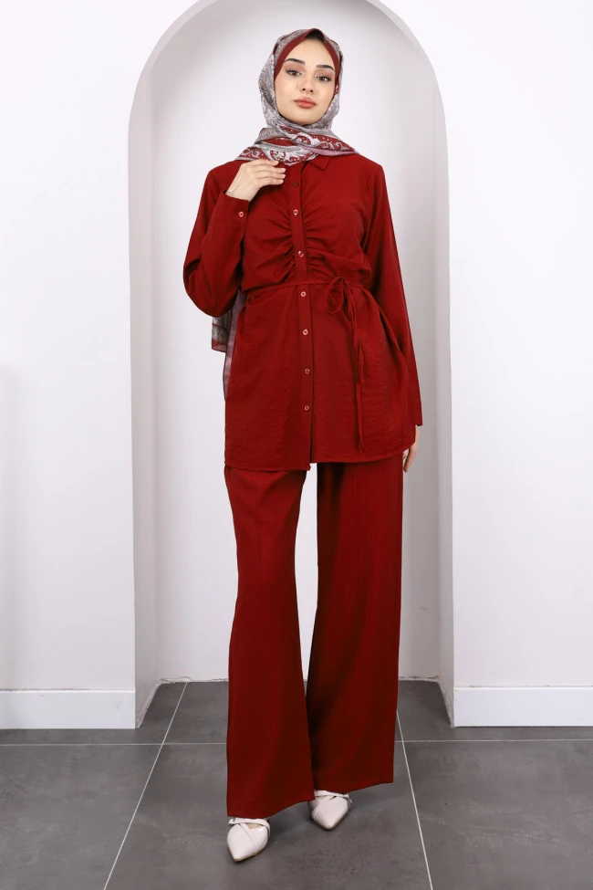 Bordo Ön Drapeli Tunik Pantolonlu Takım