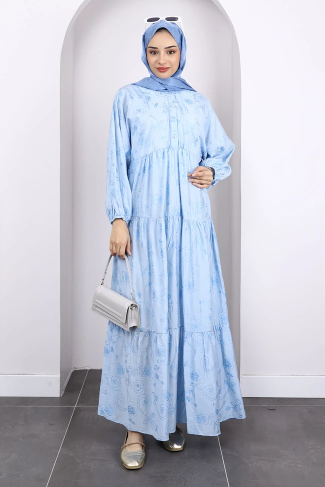 Buz  Mavi Desenli Yarım Düğmeli Kol Lastikli Elbise