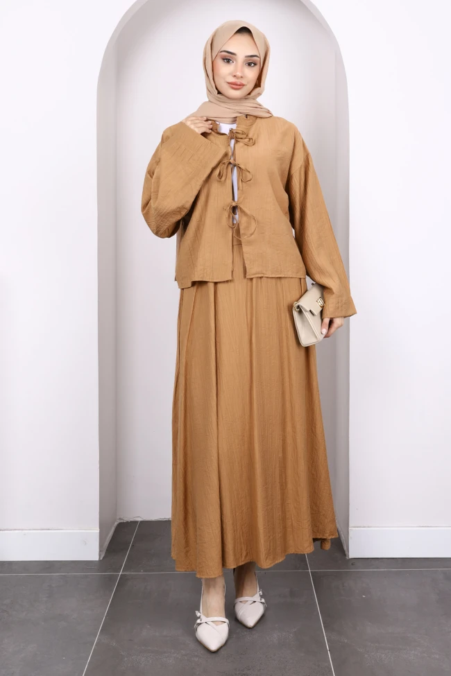 Camel Önü Bağlamalı Kimono Etekli Takım