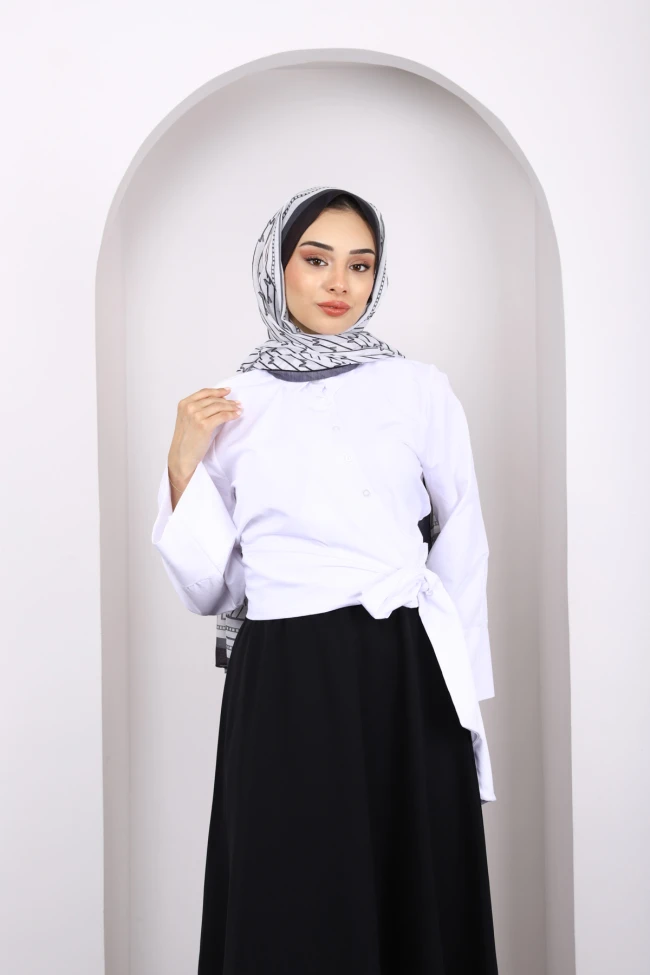 Ekru Bel Bağlamalı Crop Gömlek