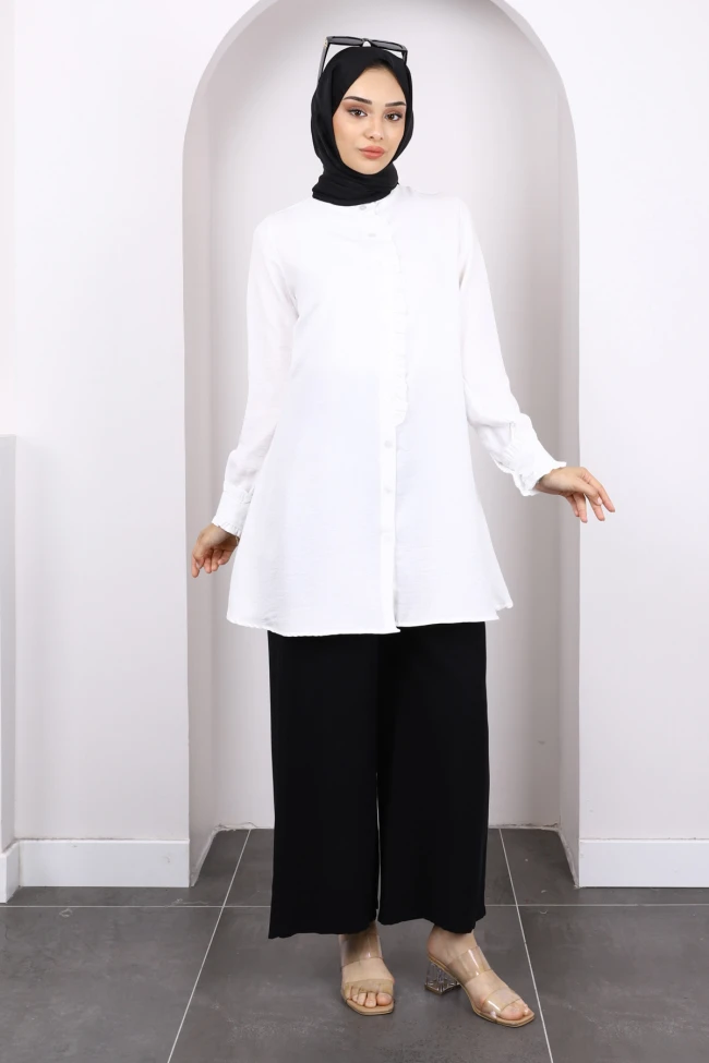 Ekru Düğmeli Fırfır Detaylı Tunik