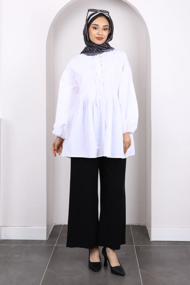 Ekru Kol Lastikli Ön Düğmeli Tunik