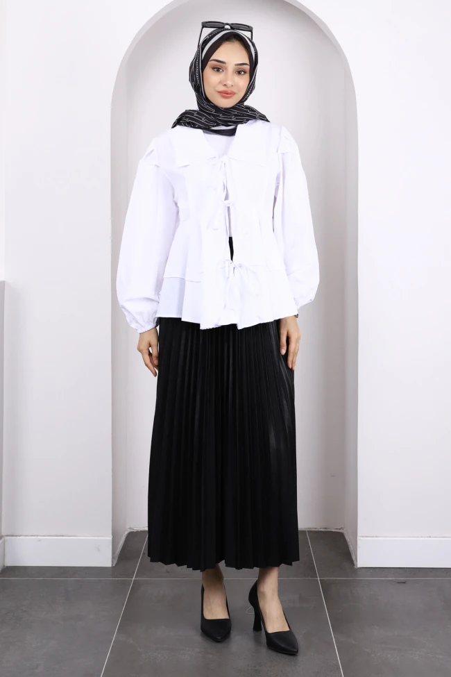 Ekru Ön Bağlamalı Katlı Tunik