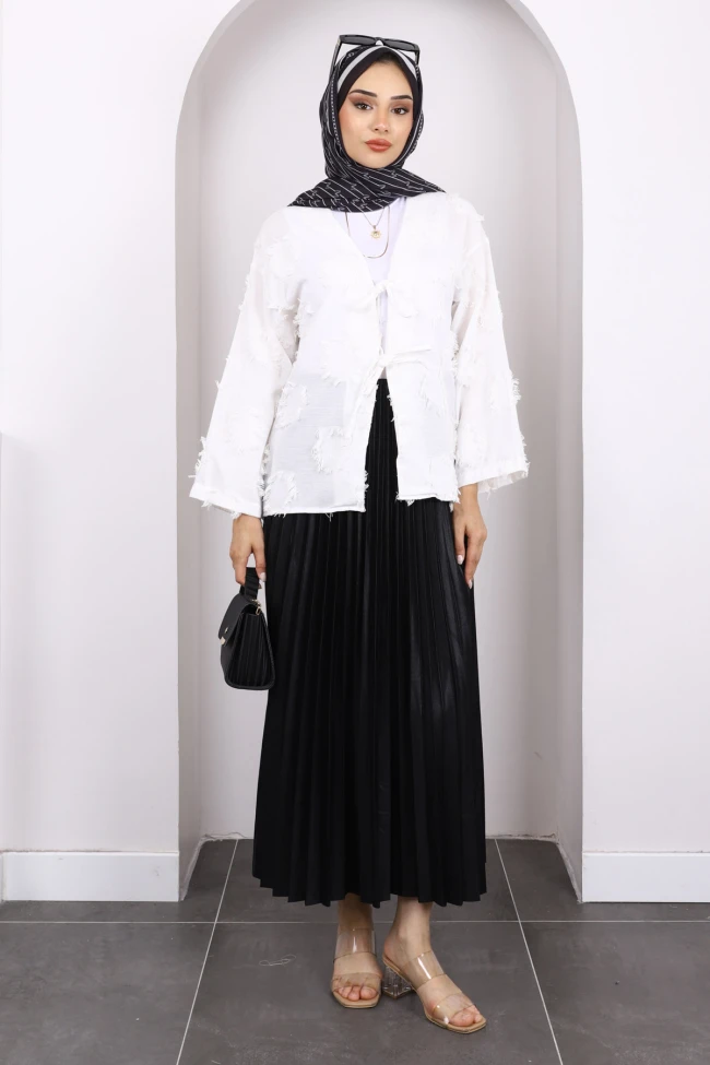 Ekru Ön Bağlamalı Püsküllü Kimono