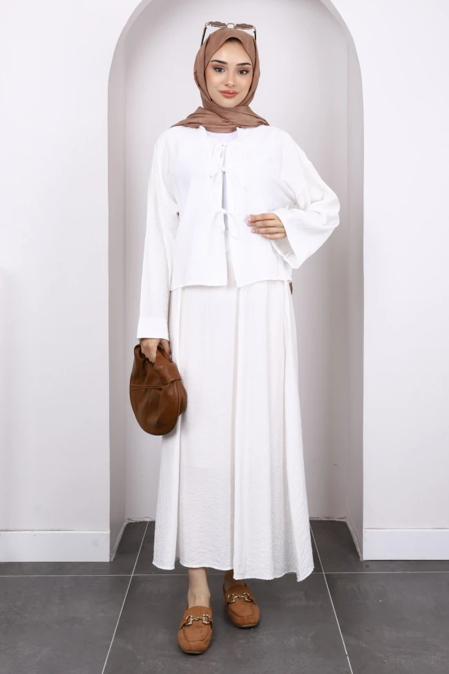 Ekru Önü Bağlamalı Kimono Etekli Takım