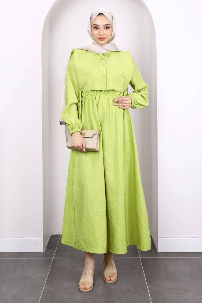 Fıstık Yeşili Süveterli Elbise Kombin Takım