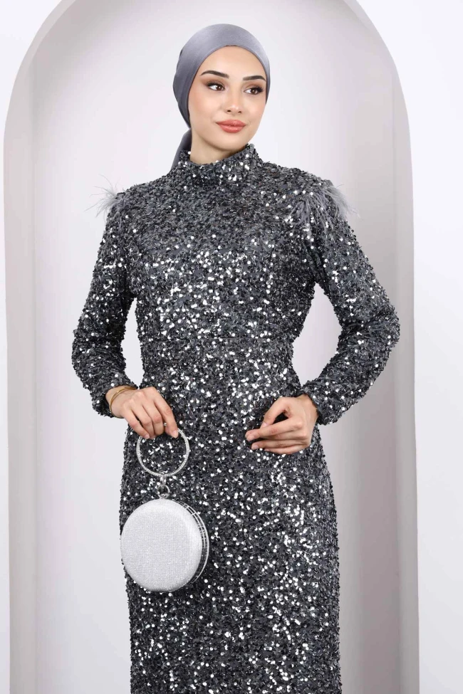 Füme Bel Kuşaklı Payetli Abiye