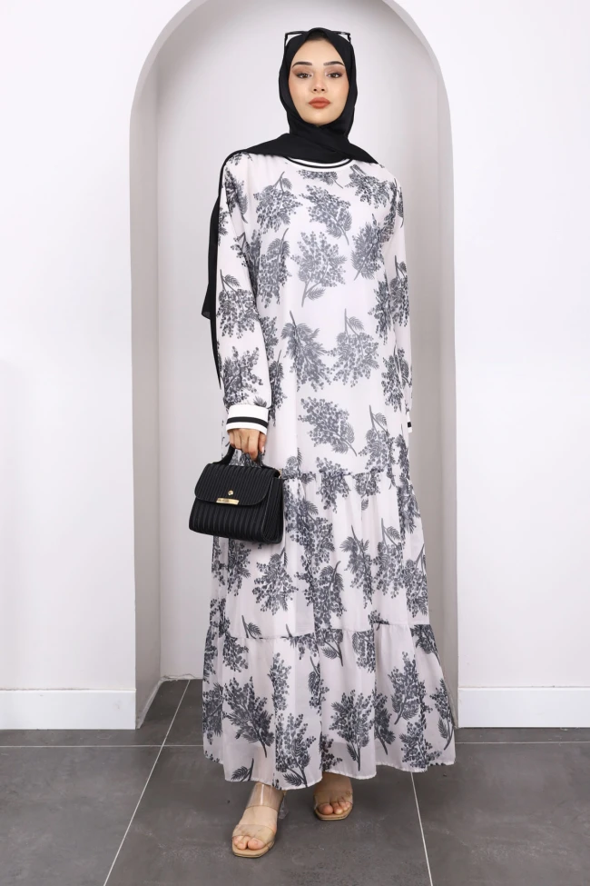 Füme Desenli Şifon Elbise