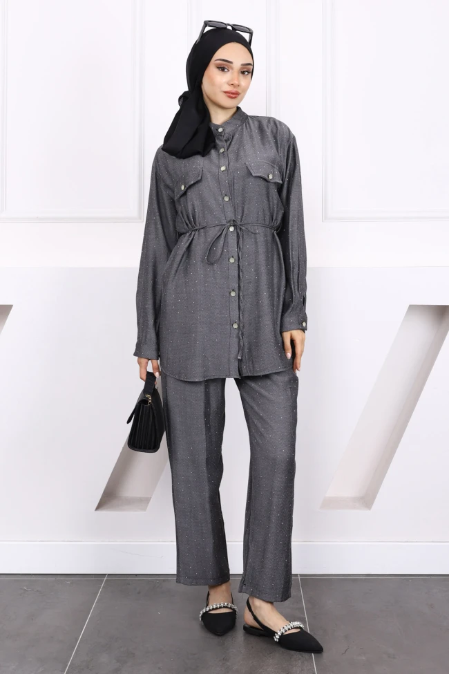 Füme Taşlı Tunik Pantolon Takım