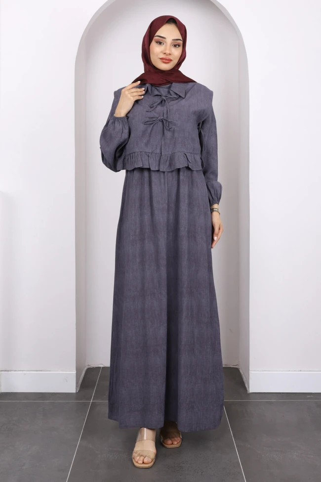 Füme Yelek Kombinli Bel Lastikli Elbise