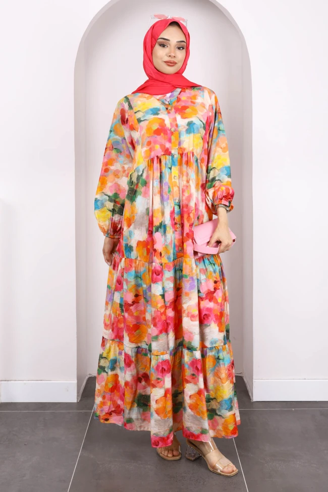 Fuşya Yarım Düğmeli Eteği Katlı Desenli Elbise