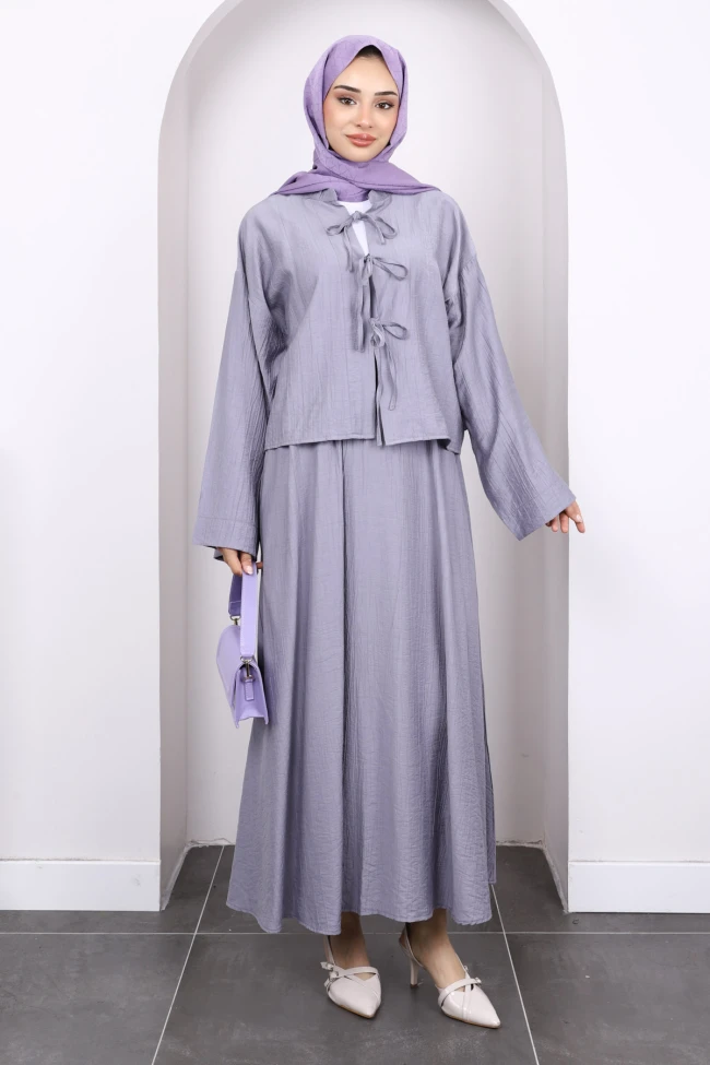 Gri Önü Bağlamalı Kimono Etekli Takım