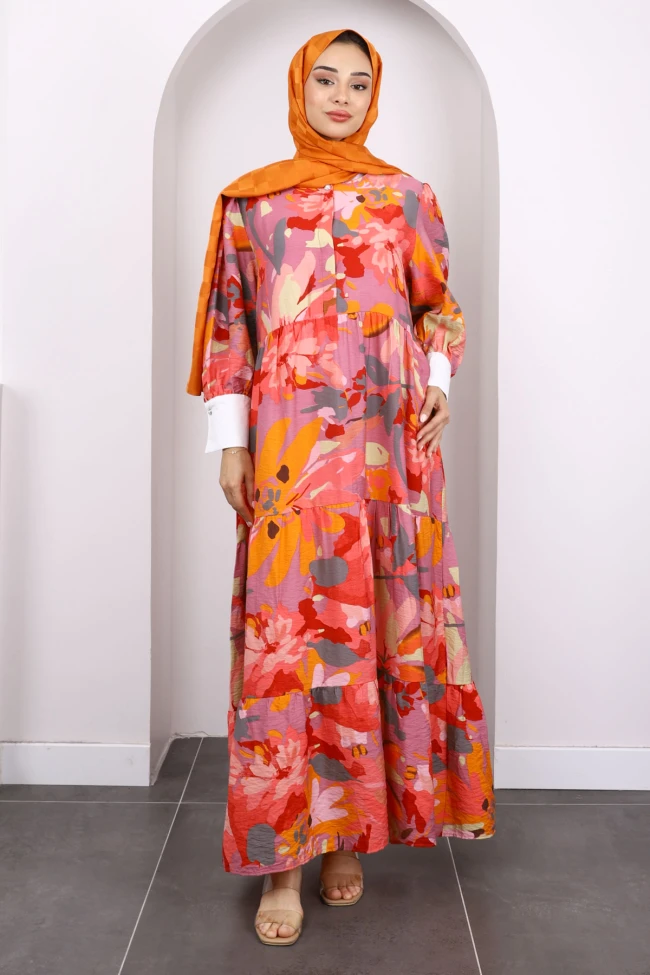 Gül Kurusu Desenli Yarım Düğmeli Elbise