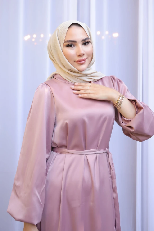 Gül Kurusu Hakim Yaka Balon Kol Saten Abiye Elbise