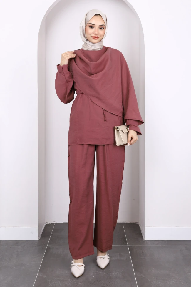 Gül Kurusu Şal Detaylı Tunik Pantolonlu Takım