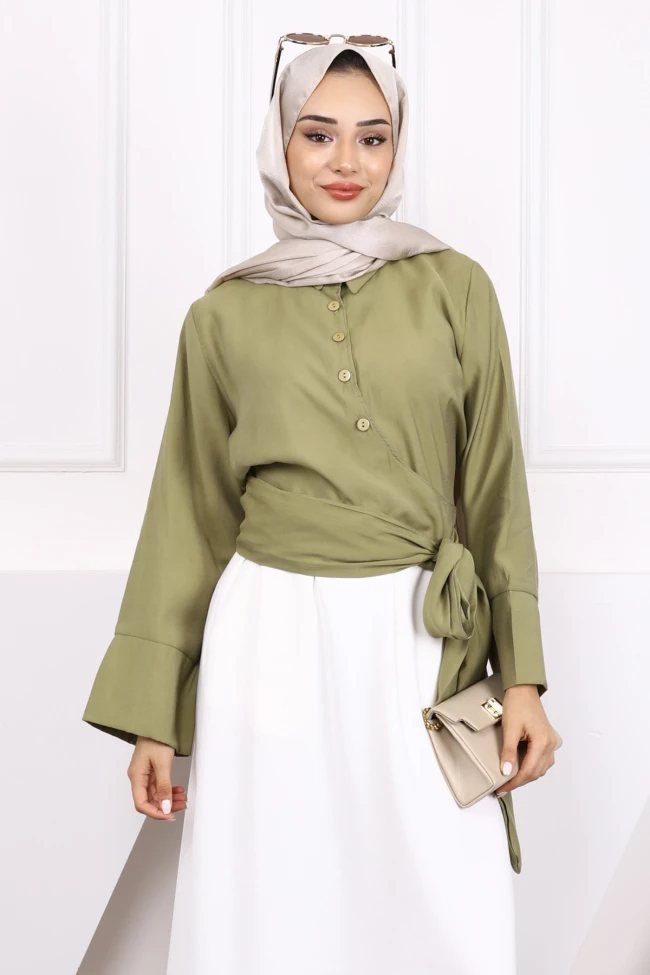 Haki Bel Bağlamalı Modal Gömlek
