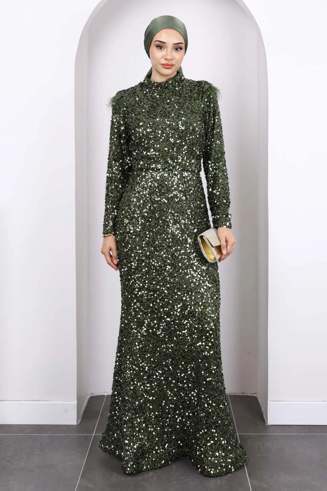 Haki Bel Kuşaklı Payetli Abiye