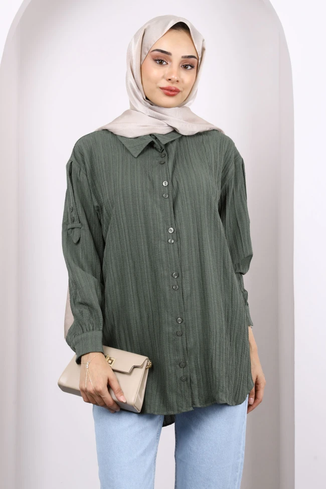 Haki Kol Detaylı Gömlek