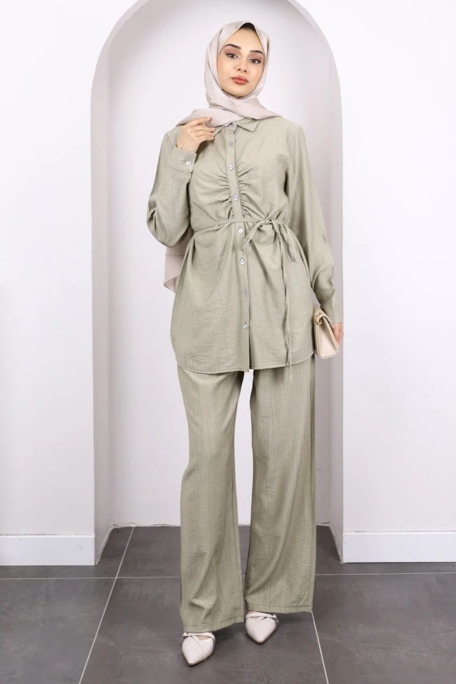 Haki Ön Drapeli Tunik Pantolonlu Takım