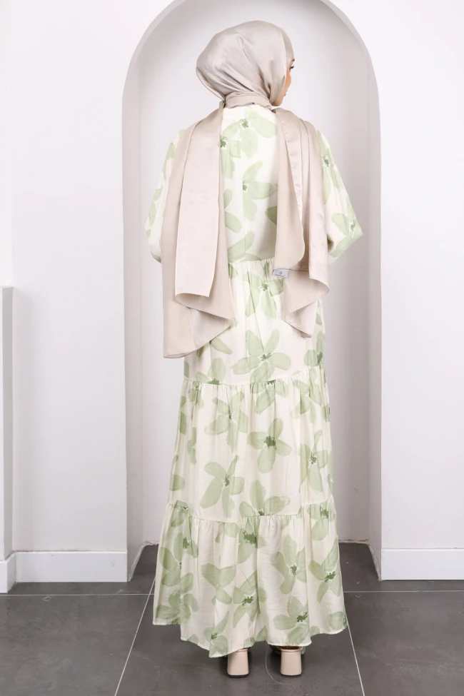 Haki Yarım Düğmeli Eteği Katlı Desenli Elbise