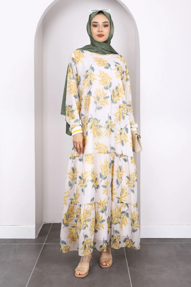 Hardal Desenli Şifon Elbise