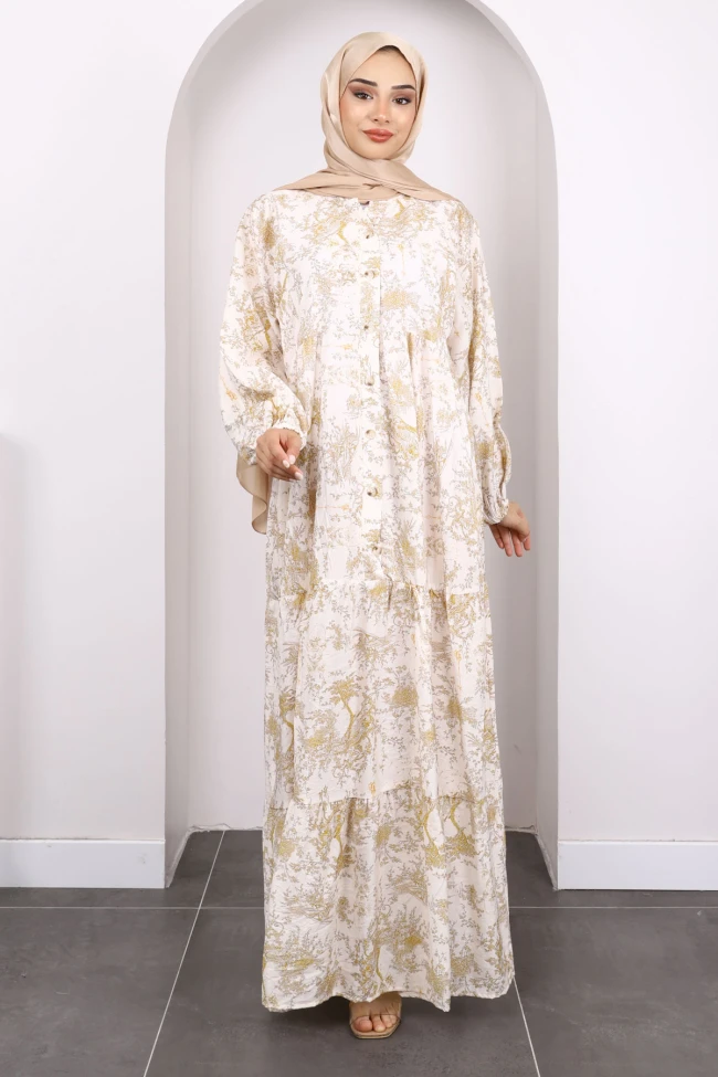 Hardal Yarım Düğmeli Eteği Katlı Desenli Elbise