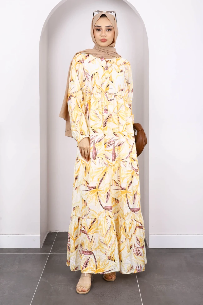 Hardal Yarım Düğmeli Eteği Katlı Desenli Elbise