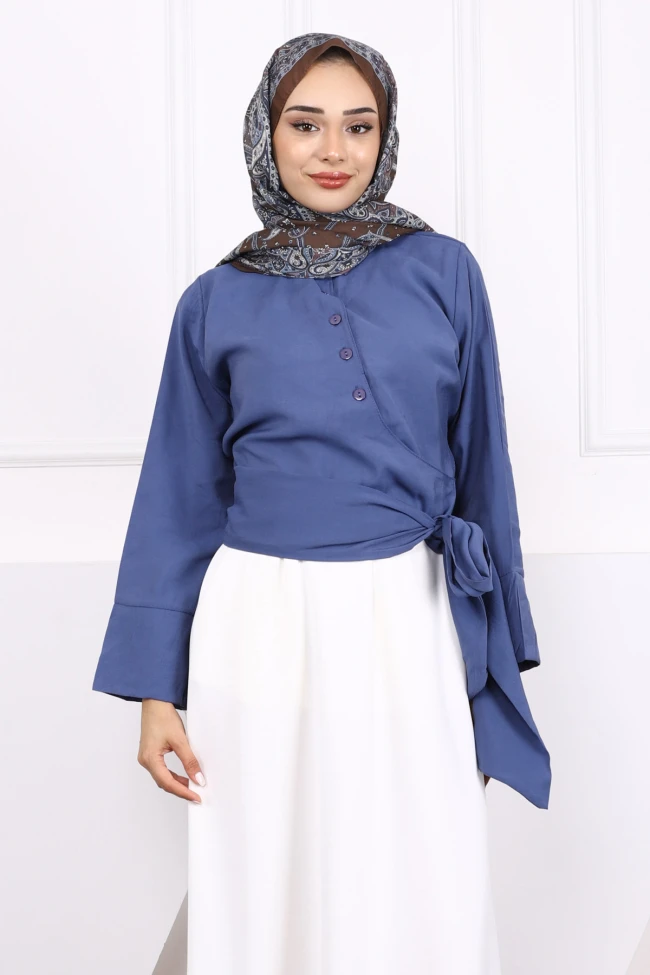 İndigo Bel Bağlamalı Modal Gömlek